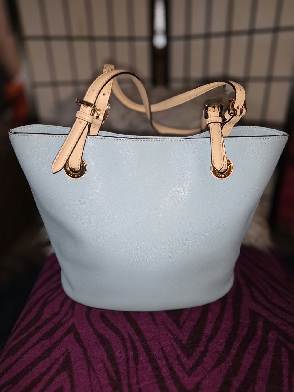 Michael Kors Light Blue Tote Bag with Cream Straps